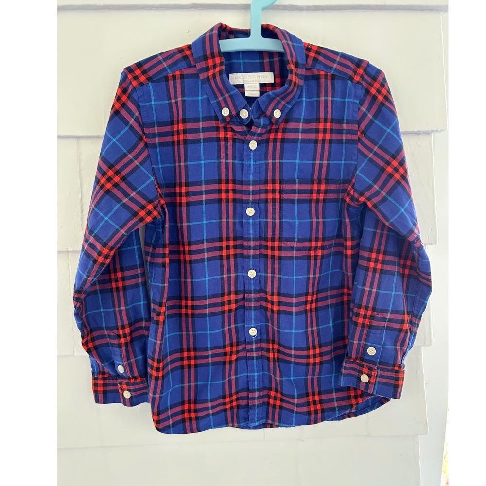 Burberry Boy's Blue Red Plaid Long Sleeve Button Down Shirt Size 6Y